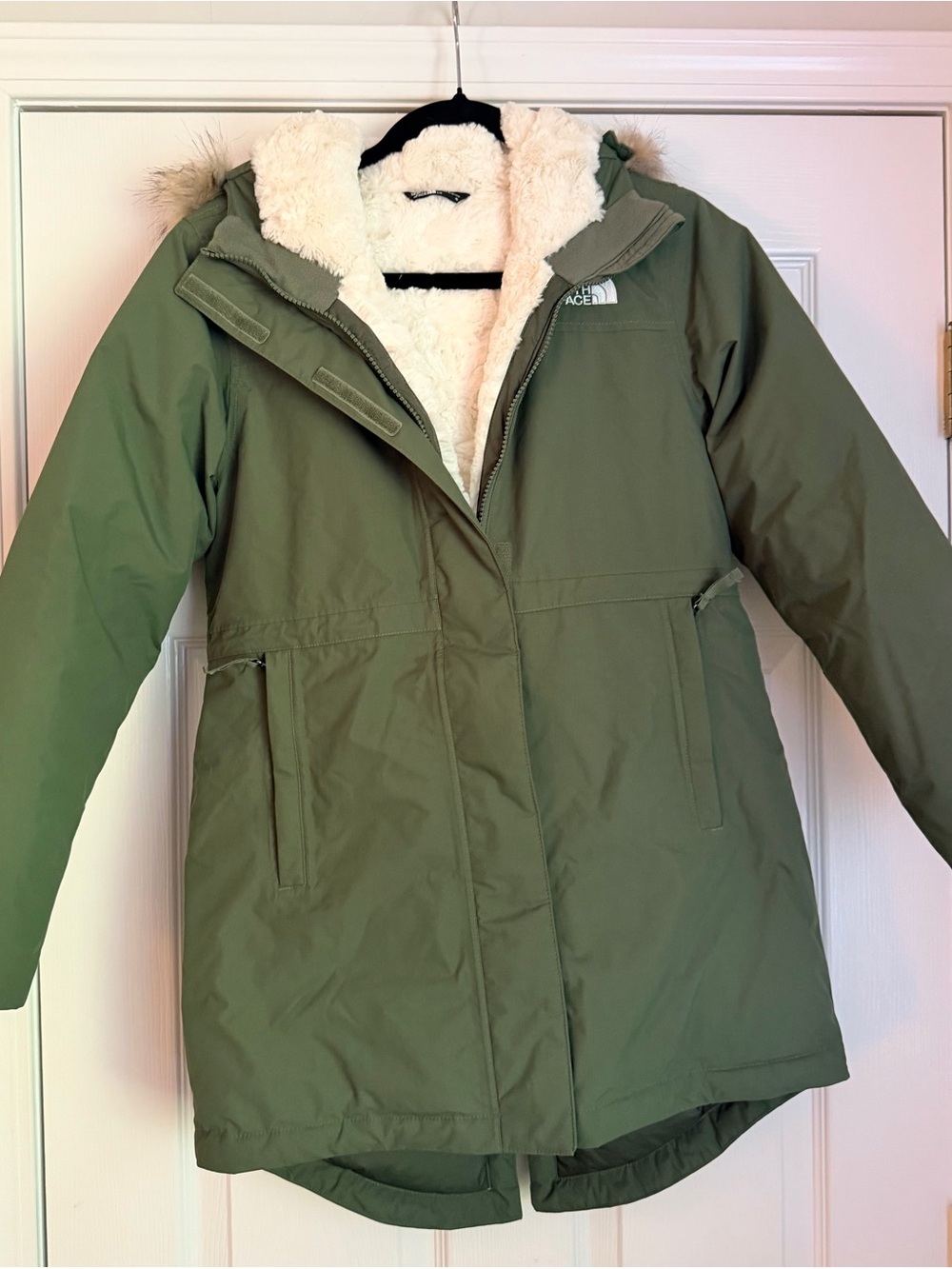 The North Face Kids Olive Green Insulated Parka with Cream Sherpa Lining
